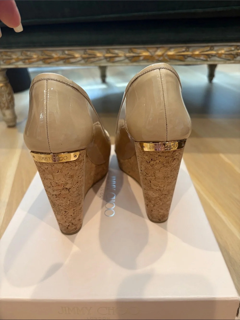 Jimmy Choo Nude Patent Peep-Toe Cork Platform Pumps